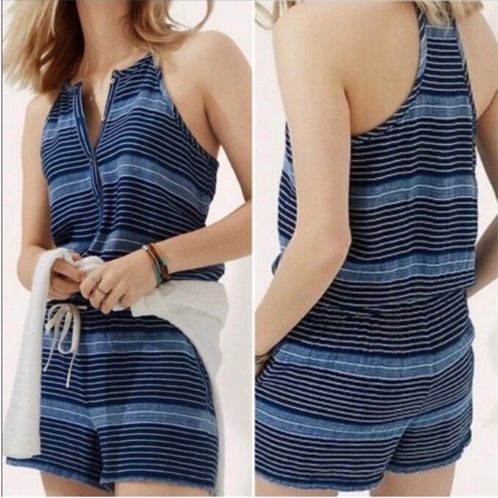 Lou & Grey LOFT Baja Blue Stripe Romper Sleeveless Racerback Nautical Medium